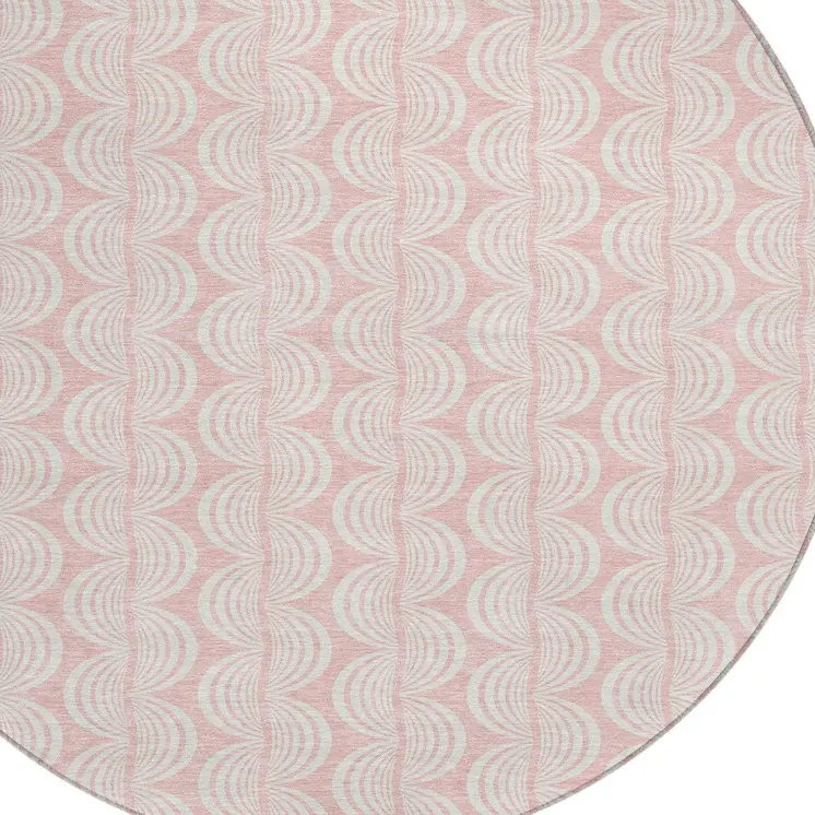 8' Pink And Gray Round Ogee Washable Indoor Outdoor Area Rug