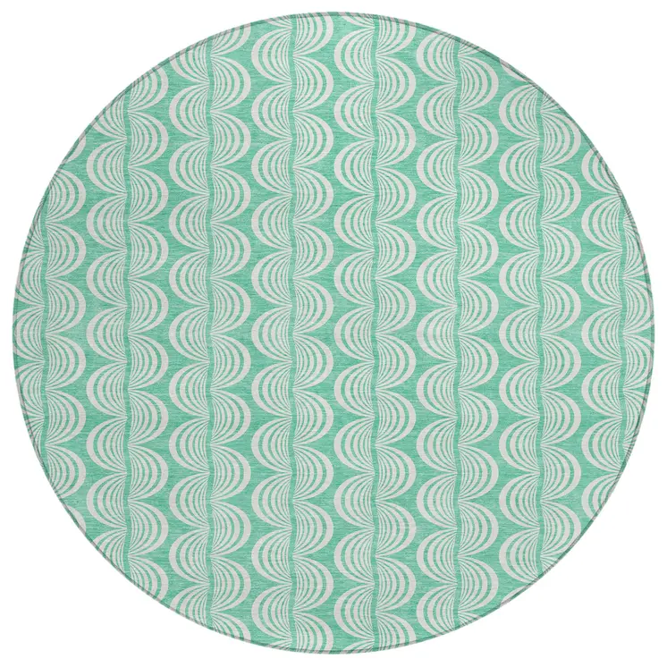 8' Blue And Ivory Round Ogee Washable Indoor Outdoor Area Rug