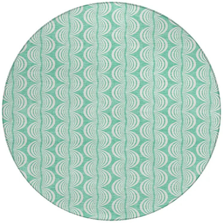 8' Blue And Ivory Round Ogee Washable Indoor Outdoor Area Rug