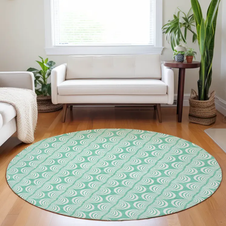8' Blue And Ivory Round Ogee Washable Indoor Outdoor Area Rug