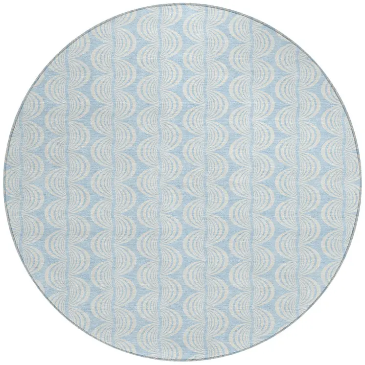 8' Sky Blue And Beige Round Ogee Washable Indoor Outdoor Area Rug