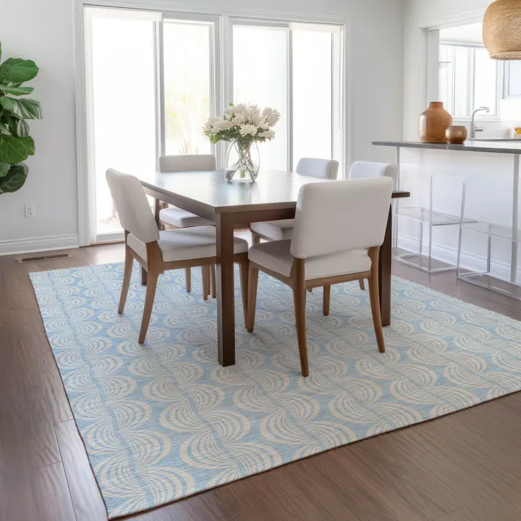 8' X 10' Sky Blue And Beige Ogee Washable Indoor Outdoor Area Rug