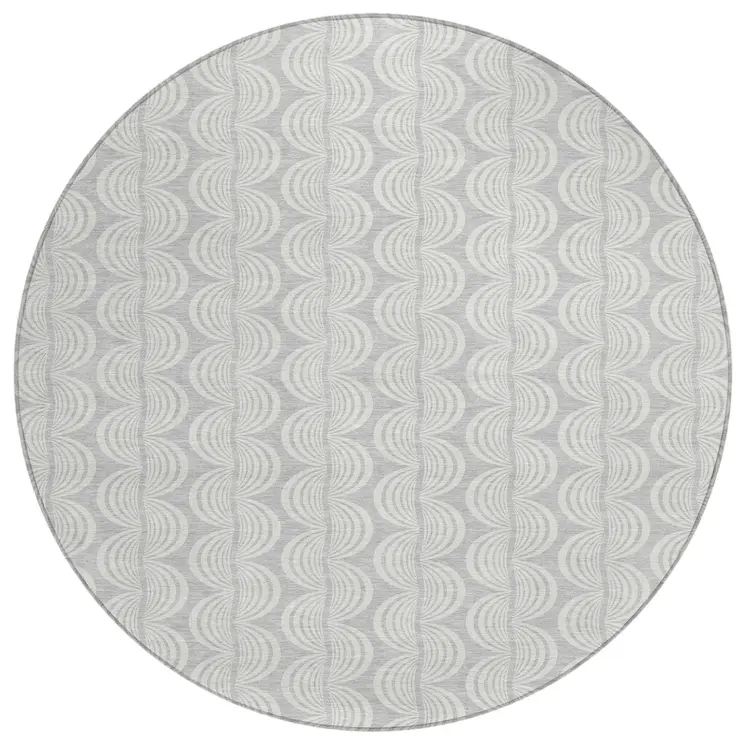 8' Silver And Ivory Round Ogee Washable Indoor Outdoor Area Rug