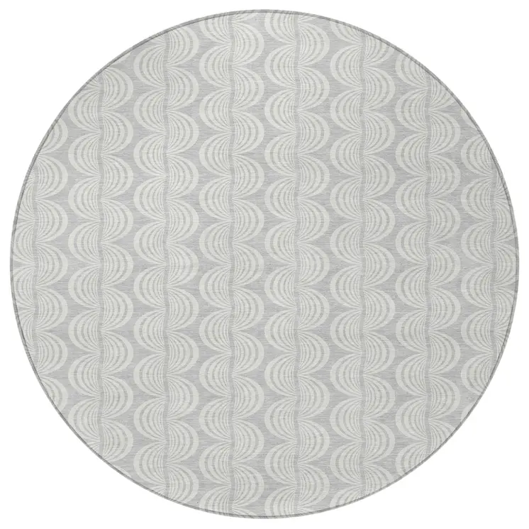 8' Silver And Ivory Round Ogee Washable Indoor Outdoor Area Rug