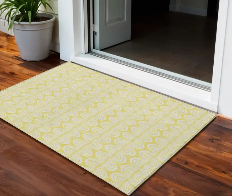 3' X 5' Yellow And Beige Ogee Washable Indoor Outdoor Area Rug