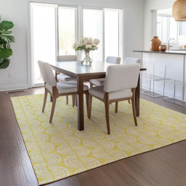 5' X 8' Yellow And Beige Ogee Washable Indoor Outdoor Area Rug