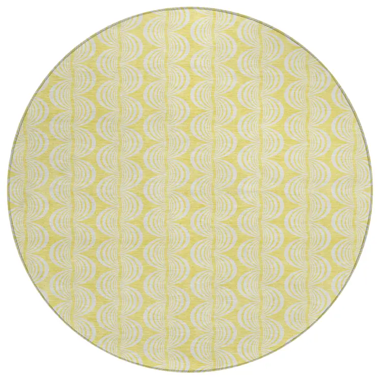 8' Yellow And Beige Round Ogee Washable Indoor Outdoor Area Rug