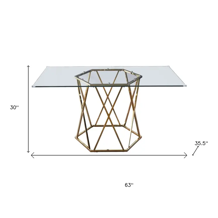 63" Clear and Gold Glass and Metal Geo Pedestal Base Dining Table