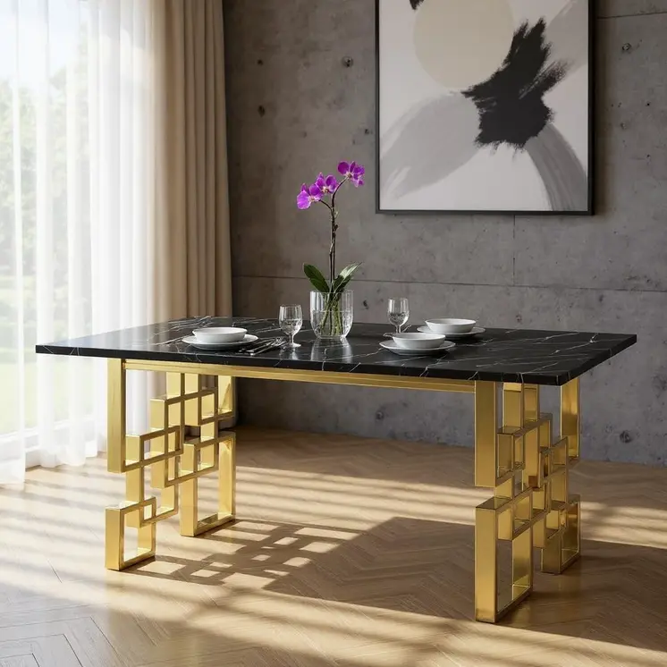 79" Black and Gold Marble and Metal Double Pedestal Base Dining Table