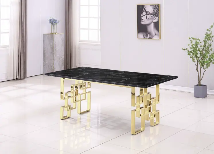 79" Black and Gold Marble and Metal Double Pedestal Base Dining Table