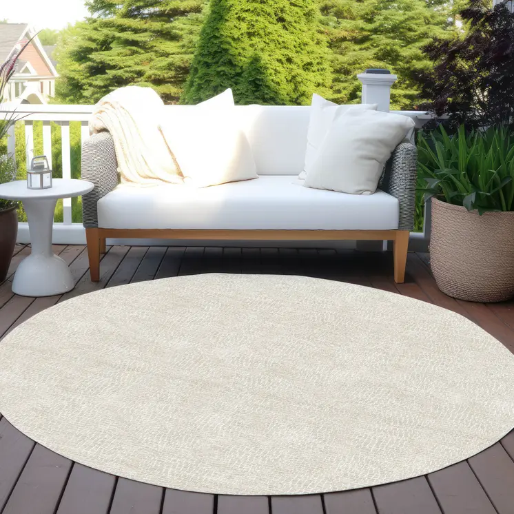 8' Beige And Ivory Round Geometric Washable Indoor Outdoor Area Rug