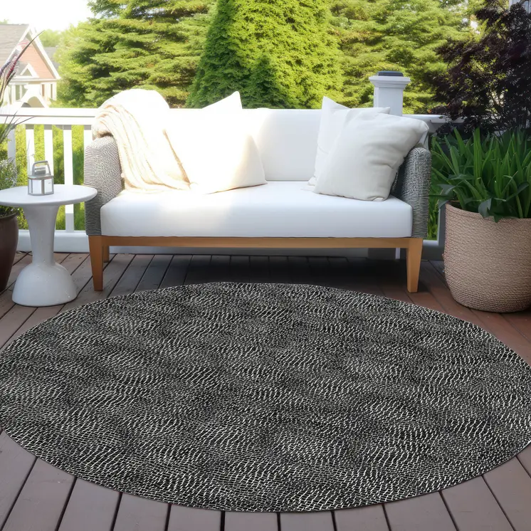 8' Black And Ivory Round Geometric Washable Indoor Outdoor Area Rug