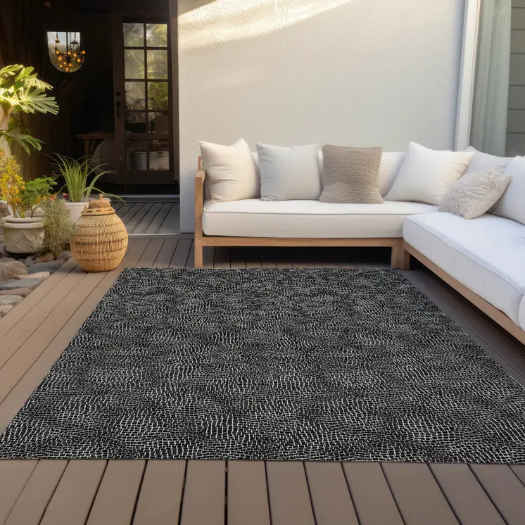9' X 12' Black And Ivory Geometric Washable Indoor Outdoor Area Rug