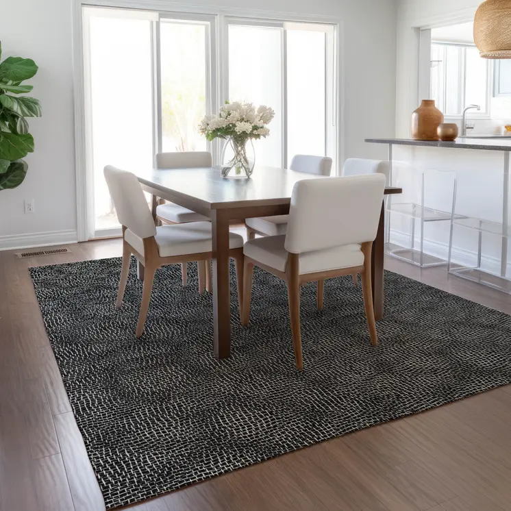 10' X 14' Black And Ivory Geometric Washable Indoor Outdoor Area Rug