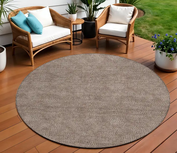 8' Brown And Ivory Round Geometric Washable Indoor Outdoor Area Rug