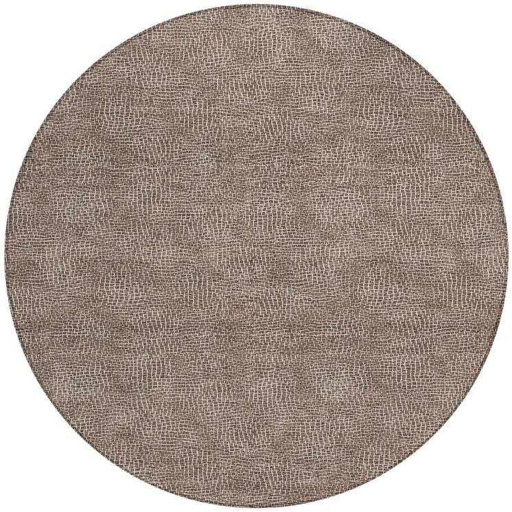 8' Brown And Ivory Round Geometric Washable Indoor Outdoor Area Rug