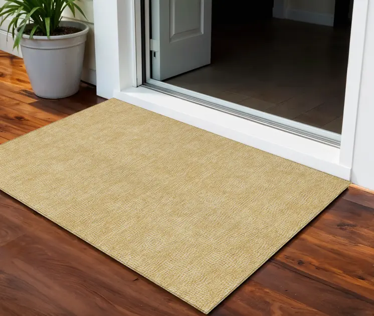3' X 5' Gold And Ivory Geometric Washable Indoor Outdoor Area Rug