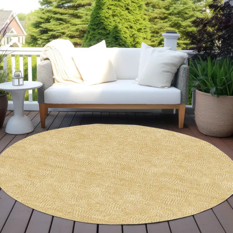 8' Gold And Ivory Round Geometric Washable Indoor Outdoor Area Rug