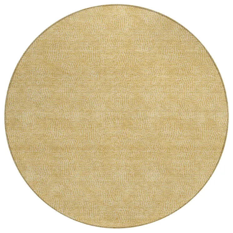 8' Gold And Ivory Round Geometric Washable Indoor Outdoor Area Rug