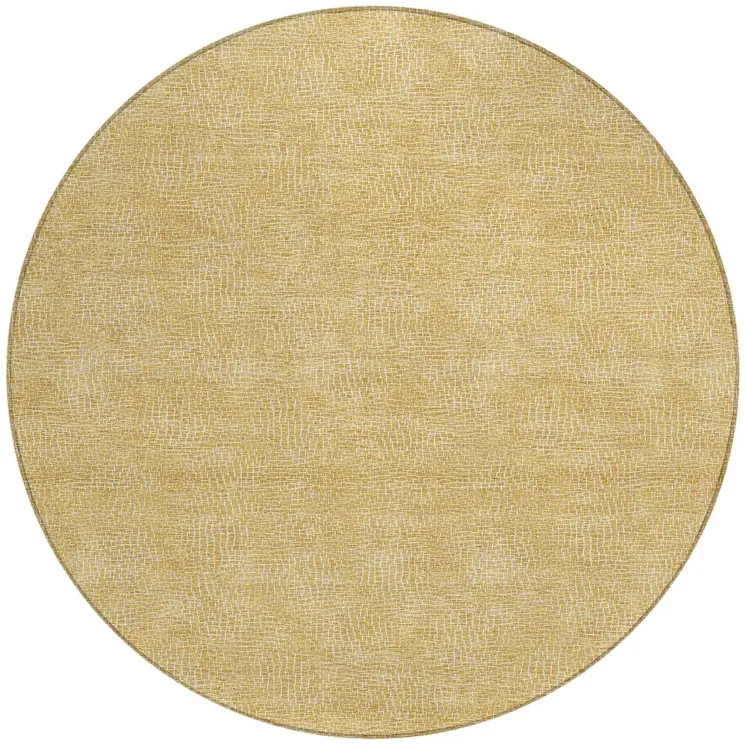 8' Gold And Ivory Round Geometric Washable Indoor Outdoor Area Rug