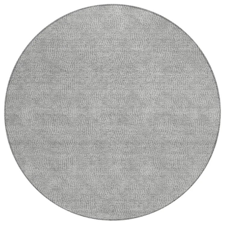 8' Gray And Ivory Round Geometric Washable Indoor Outdoor Area Rug