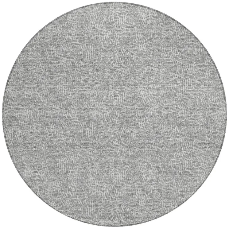 8' Gray And Ivory Round Geometric Washable Indoor Outdoor Area Rug