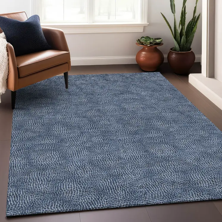 5' X 8' Navy Blue And Ivory Geometric Washable Indoor Outdoor Area Rug