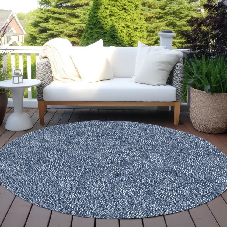8' Navy Blue And Ivory Round Geometric Washable Indoor Outdoor Area Rug