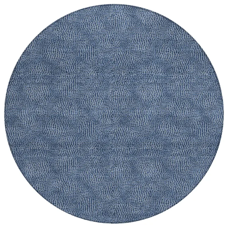 8' Navy Blue And Ivory Round Geometric Washable Indoor Outdoor Area Rug