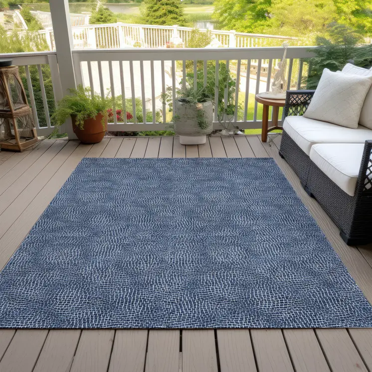 9' X 12' Navy Blue And Ivory Geometric Washable Indoor Outdoor Area Rug
