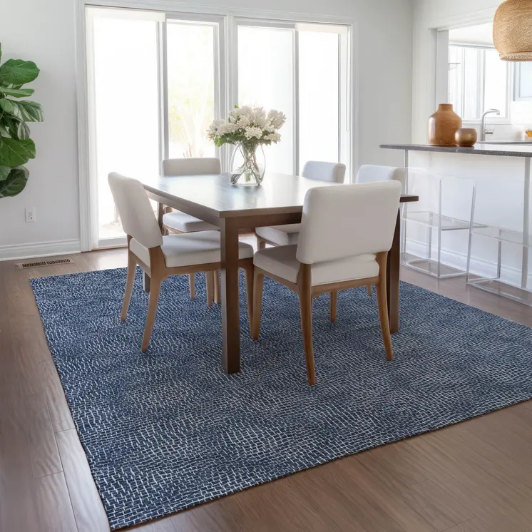 9' X 12' Navy Blue And Ivory Geometric Washable Indoor Outdoor Area Rug