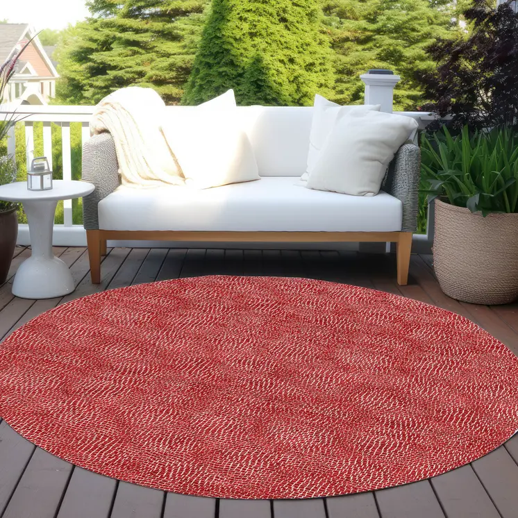 8' Red And Ivory Round Geometric Washable Indoor Outdoor Area Rug
