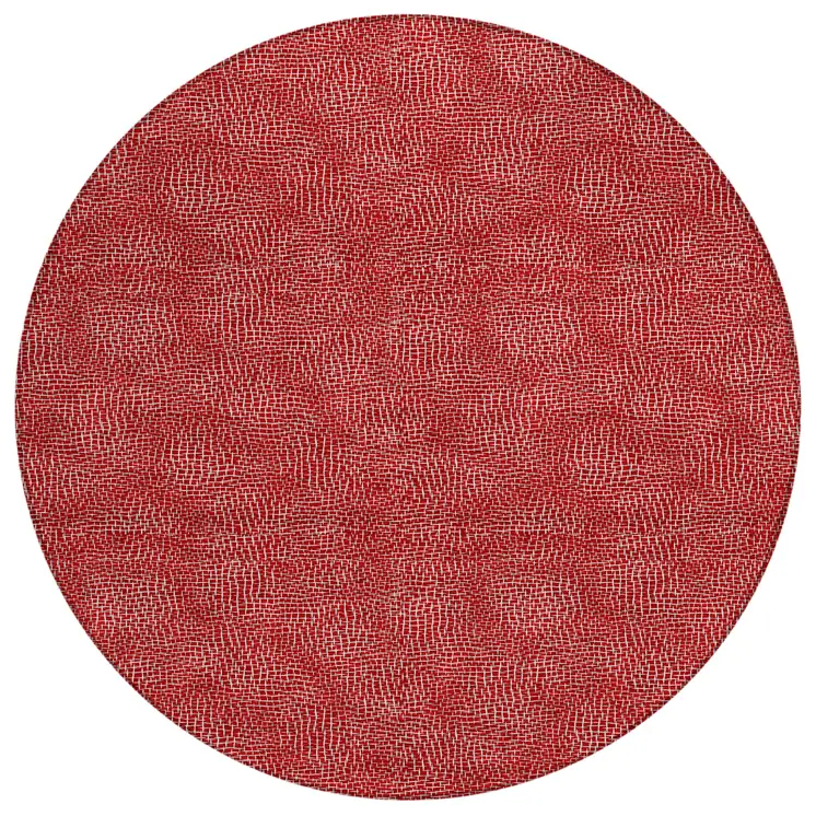8' Red And Ivory Round Geometric Washable Indoor Outdoor Area Rug