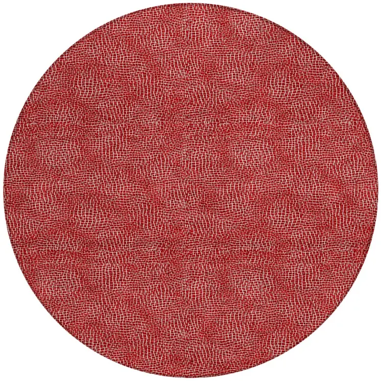 8' Red And Ivory Round Geometric Washable Indoor Outdoor Area Rug