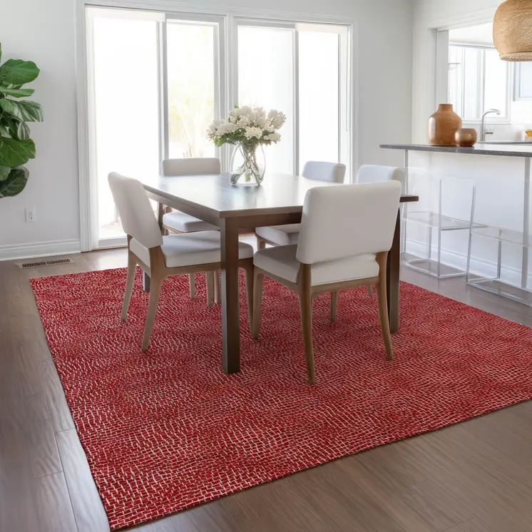 8' X 10' Red And Ivory Geometric Washable Indoor Outdoor Area Rug