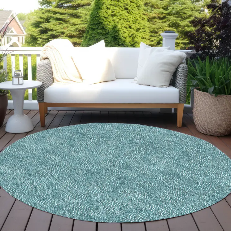 8' Teal Blue And Ivory Round Geometric Washable Indoor Outdoor Area Rug