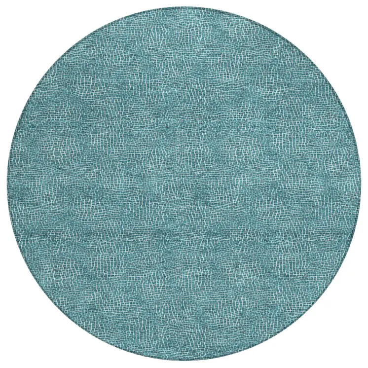 8' Teal Blue And Ivory Round Geometric Washable Indoor Outdoor Area Rug
