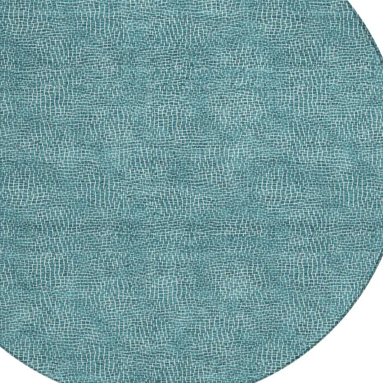 8' Teal Blue And Ivory Round Geometric Washable Indoor Outdoor Area Rug