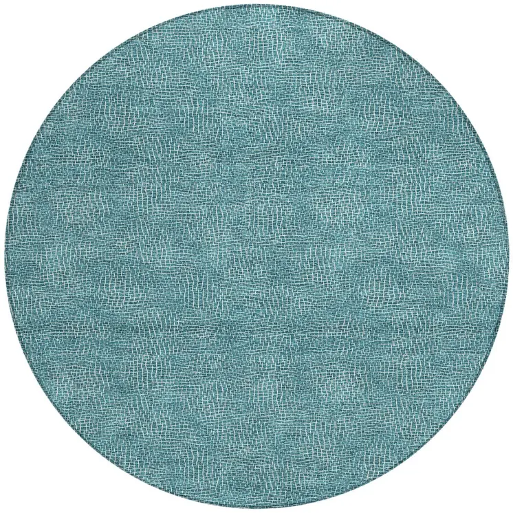 8' Teal Blue And Ivory Round Geometric Washable Indoor Outdoor Area Rug