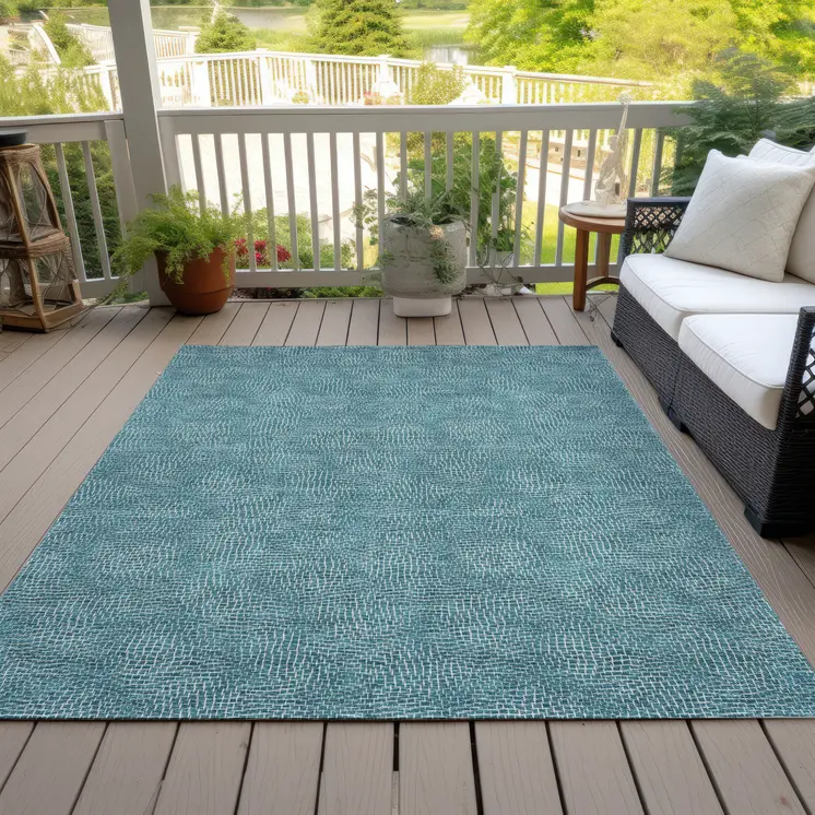 9' X 12' Teal Blue And Ivory Geometric Washable Indoor Outdoor Area Rug
