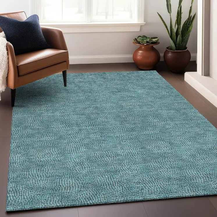 9' X 12' Teal Blue And Ivory Geometric Washable Indoor Outdoor Area Rug