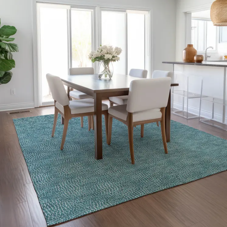9' X 12' Teal Blue And Ivory Geometric Washable Indoor Outdoor Area Rug