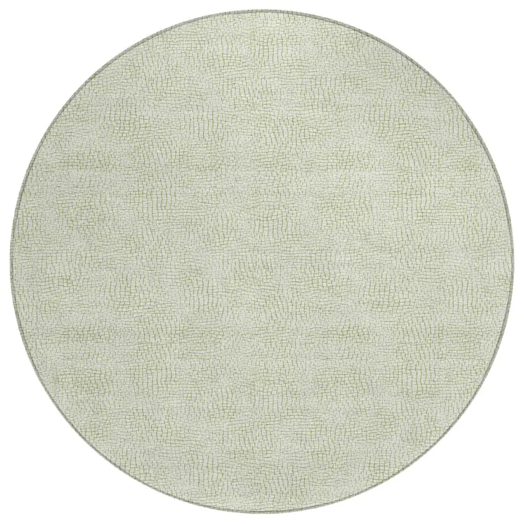 8' Artichoke Green And Ivory Round Geometric Washable Indoor Outdoor Area Rug