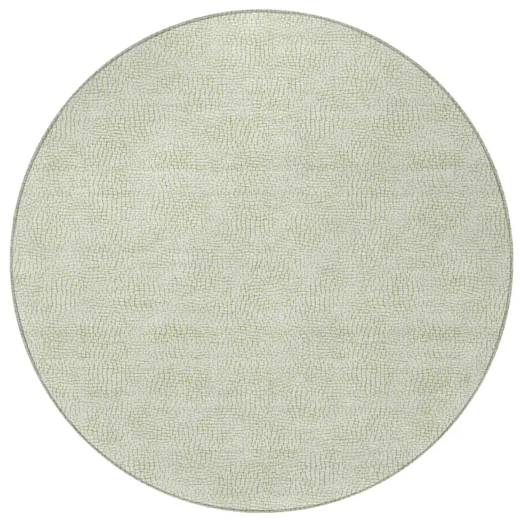 8' Artichoke Green And Ivory Round Geometric Washable Indoor Outdoor Area Rug