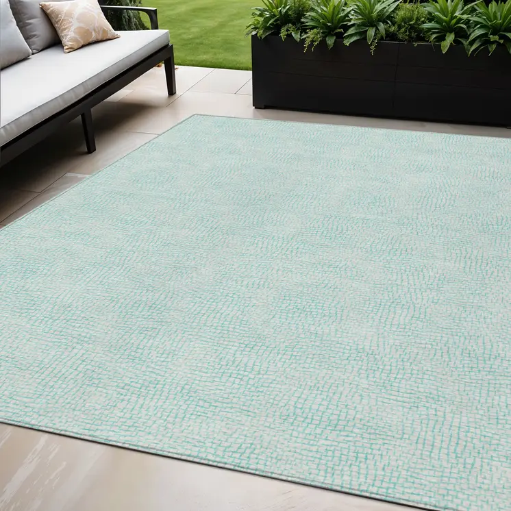 5' X 8' Aqua And Ivory Geometric Washable Indoor Outdoor Area Rug