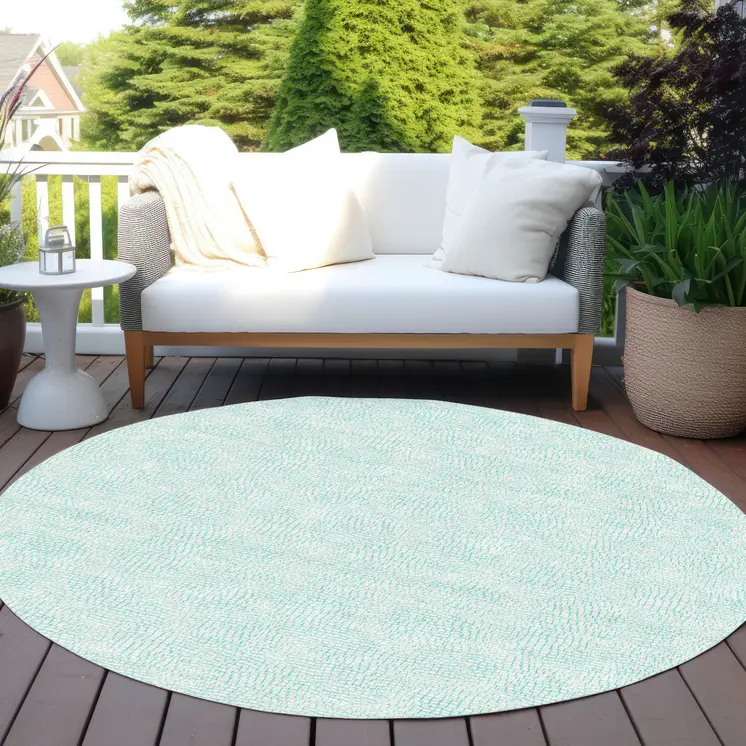 8' Aqua And Ivory Round Geometric Washable Indoor Outdoor Area Rug
