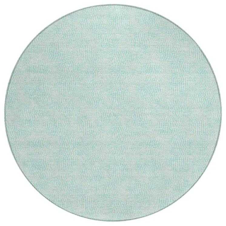 8' Aqua And Ivory Round Geometric Washable Indoor Outdoor Area Rug