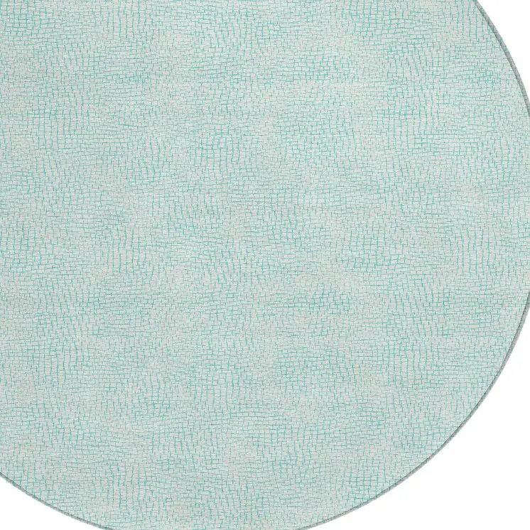 8' Aqua And Ivory Round Geometric Washable Indoor Outdoor Area Rug