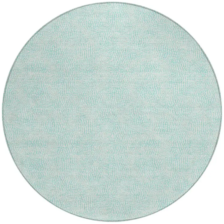 8' Aqua And Ivory Round Geometric Washable Indoor Outdoor Area Rug