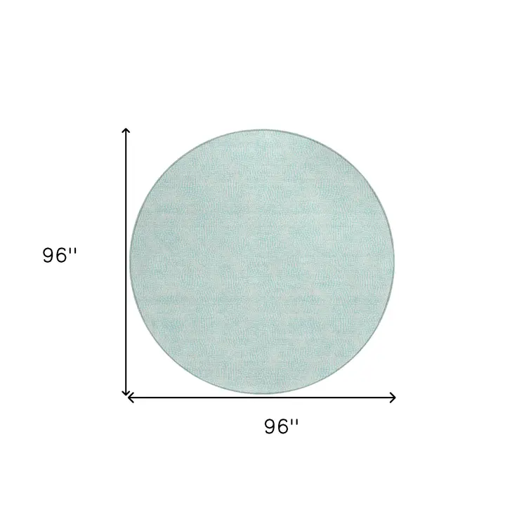 8' Aqua And Ivory Round Geometric Washable Indoor Outdoor Area Rug